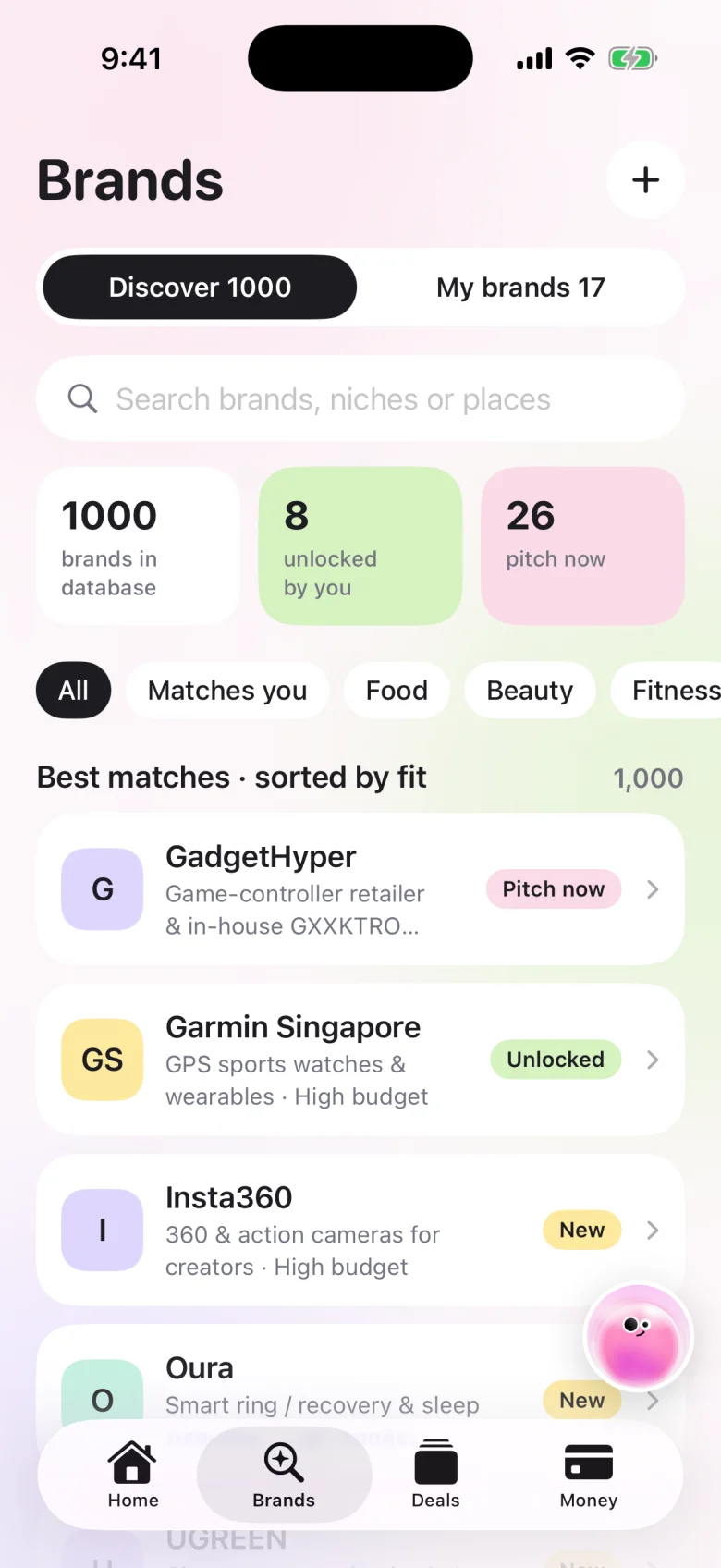 Brand list in Leedo sorted by fit, with Pitch now and New tags