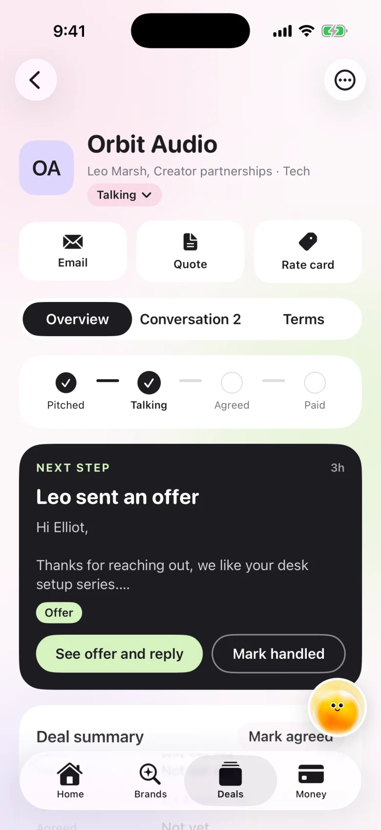 A deal in Leedo moving from Pitched to Talking